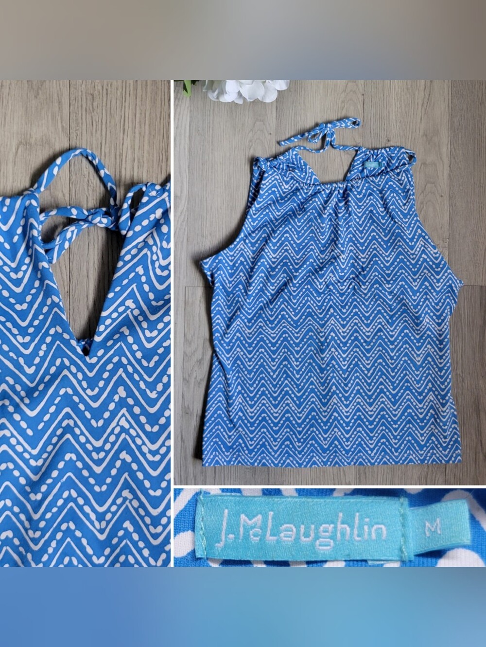 J. McLaughlin Maria Halter Top Blouse Blue & White Zigzag Catalina Cloth, Medium